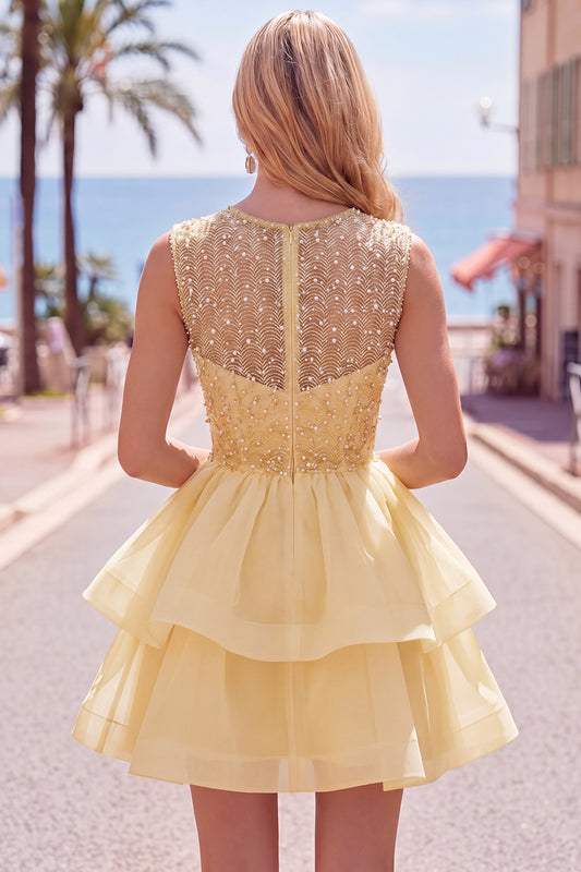 Sparkly Yellow A-Line Illusion Neck Beaded Tiered Short Homecoming Dress