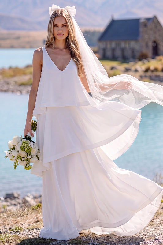 White V-Neck Tiered Sweep Train Beach Wedding Dress