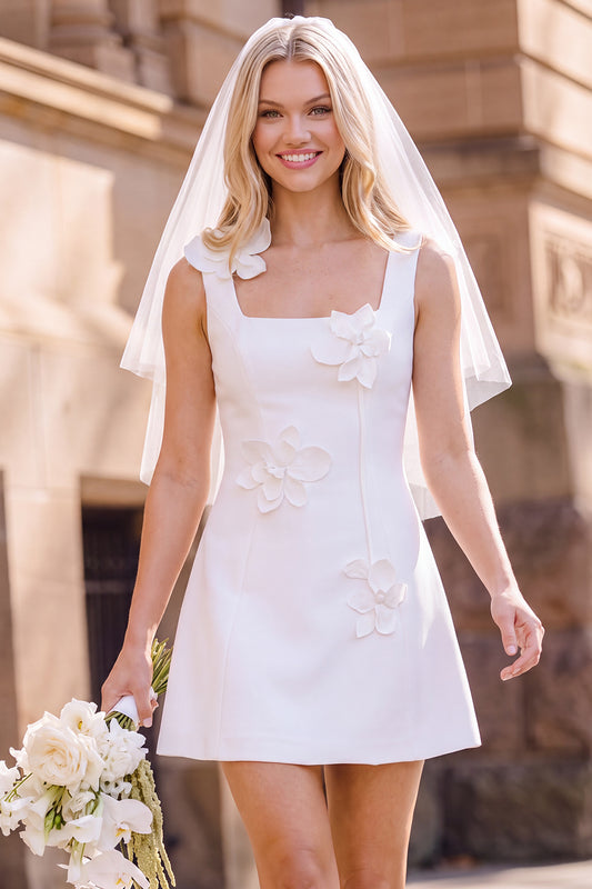 White A-Line Square Neck Short Wedding Dress with 3D Flowers