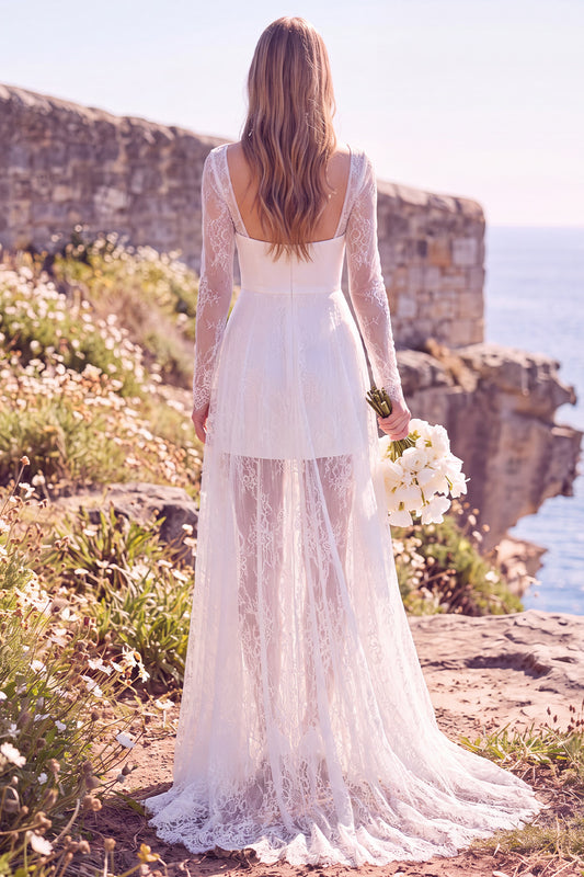 White Square Neck Lace Sweep Train Boho Wedding Dress with Sleeves