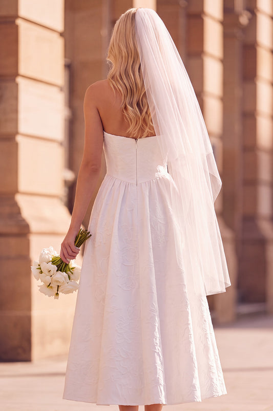 A-Line White Floral Strapless Jacquard Midi Wedding Dress
