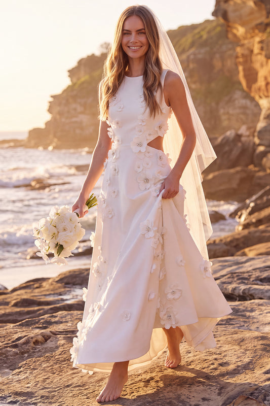 A-Line White Floral Cut Out Round Neck Maxi Wedding Dress