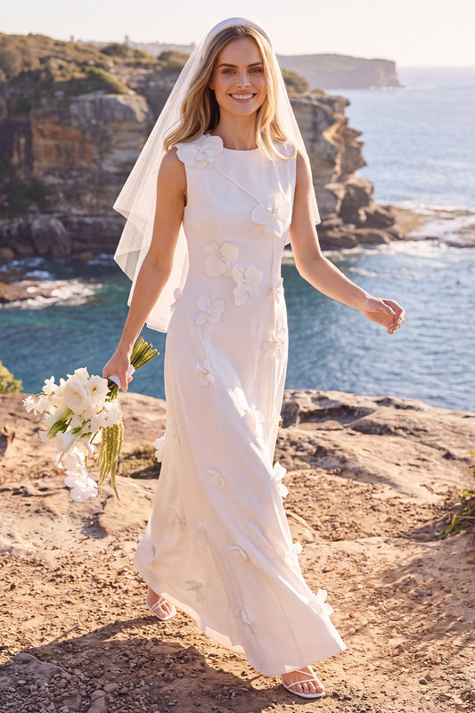 White Floral A Line Round Neck Floor-Length Wedding Dress