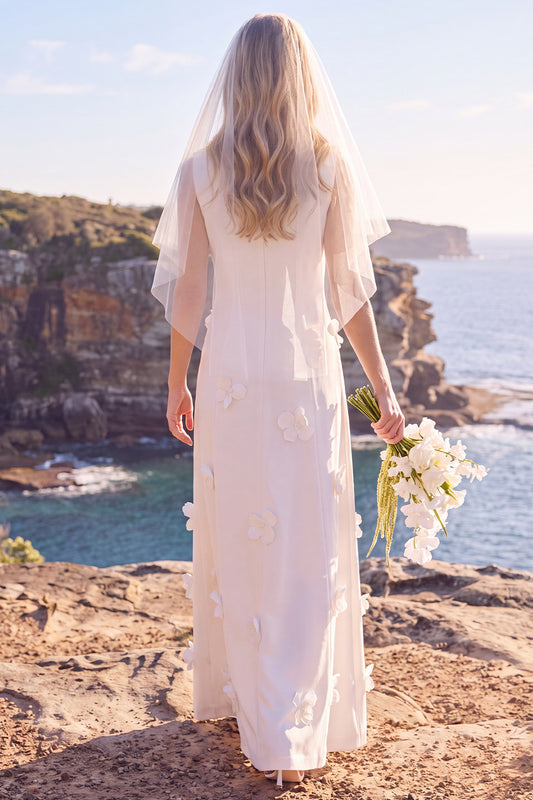 White Floral A Line Round Neck Floor-Length Wedding Dress