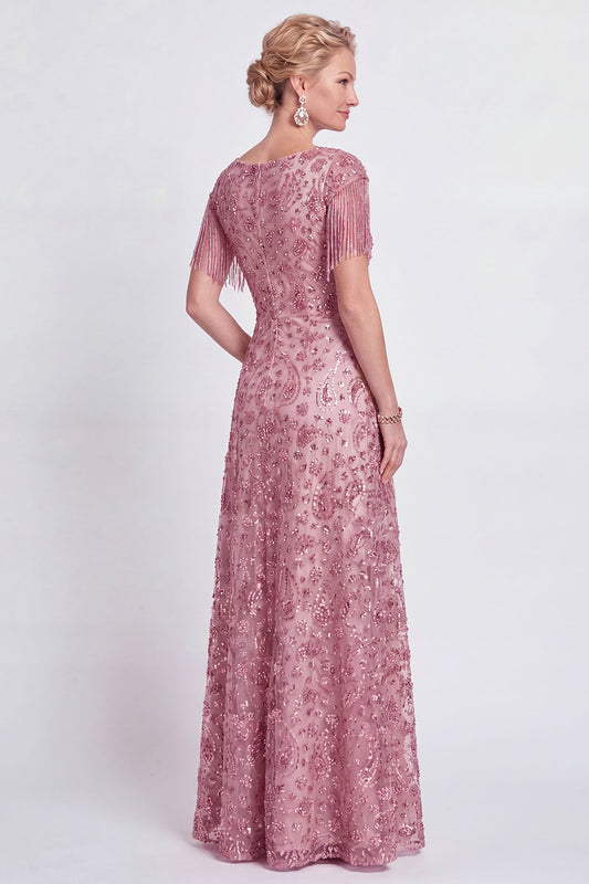 Dusty Rose A Line Sparkly Floral V-Neck Long Mother of the Bride Dress with Fringes