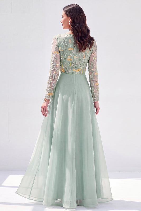 Green Floral Illusion Boat Neck Long Sleeves Mother of the Bride Dress