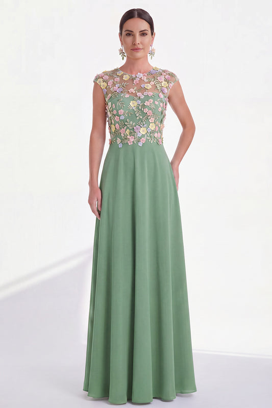 Green Round Neck A Line Long Mother of the Bride Dress with 3D Flowers
