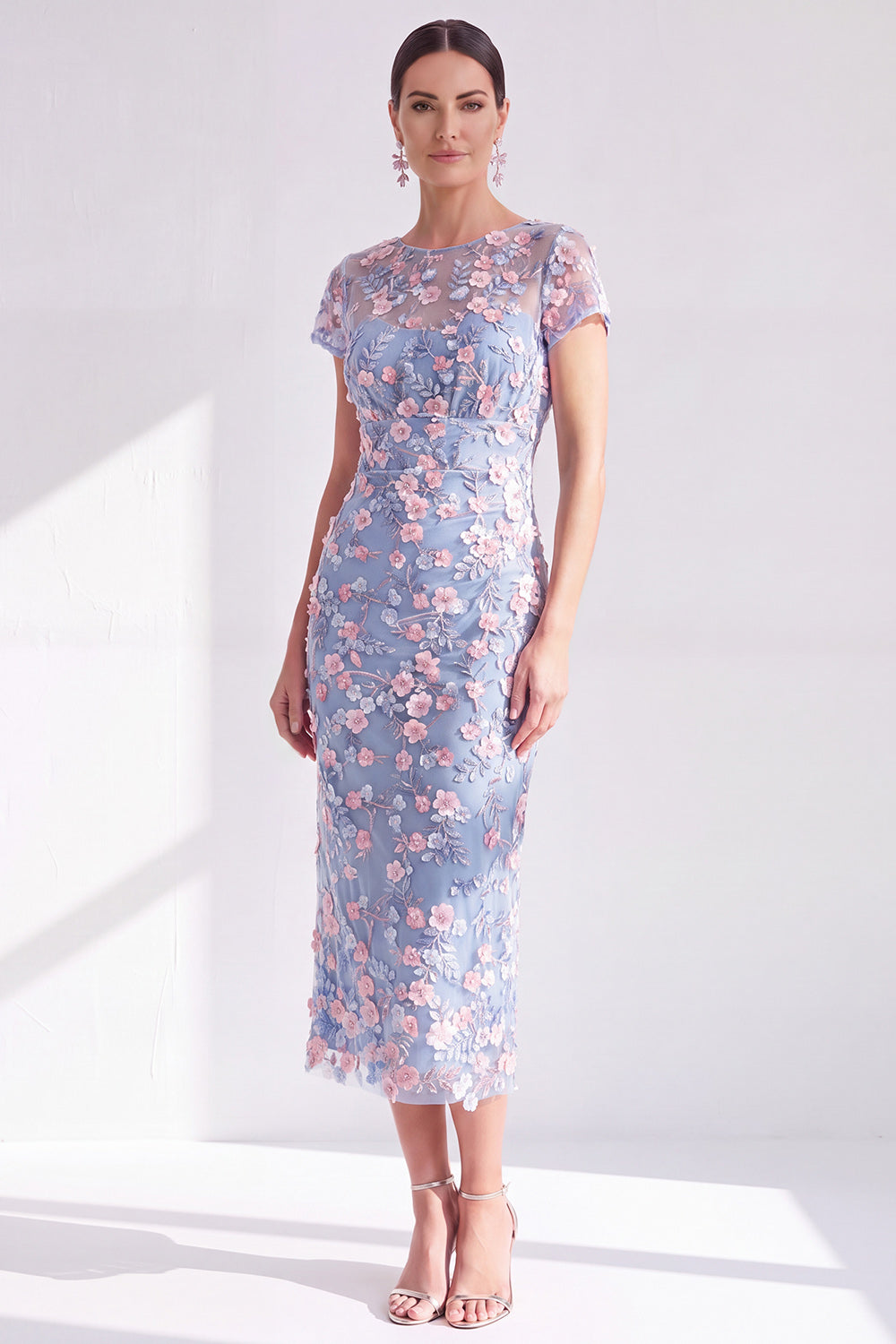 ZAPAKA Women Blue Floral Mother of the Bride Dress with Slit Bodycon Round Neck Appliqued Midi Wedding Guest Dress, Blue / US4