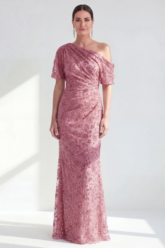 Dusty Rose One Shoulder Mermaid Sparkly Beaded Long Mother of the Bride Dress