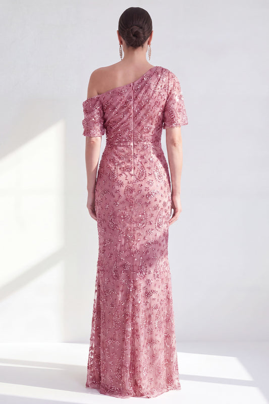 Dusty Rose One Shoulder Mermaid Sparkly Beaded Long Mother of the Bride Dress