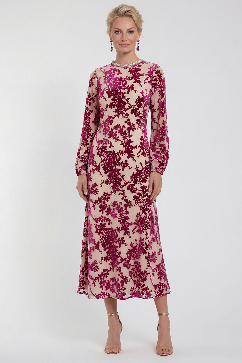 ZAPAKA Women Fuchsia A-Line Mother of the Bride Dress with Long Sleeves Round Neck Velvet Floral Midi Wedding Guest Dress, Fuchsia / US16