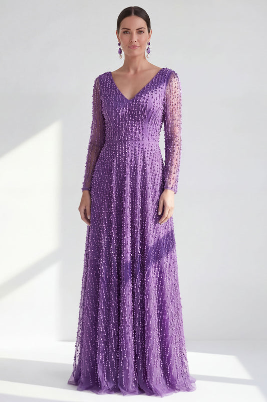 Dark Purple A Line Beaded Long Sparkly Mother Of the Bride Dress