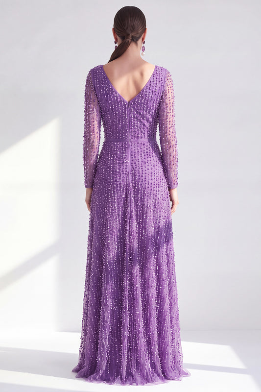 Dark Purple A Line Beaded Long Sparkly Mother Of the Bride Dress