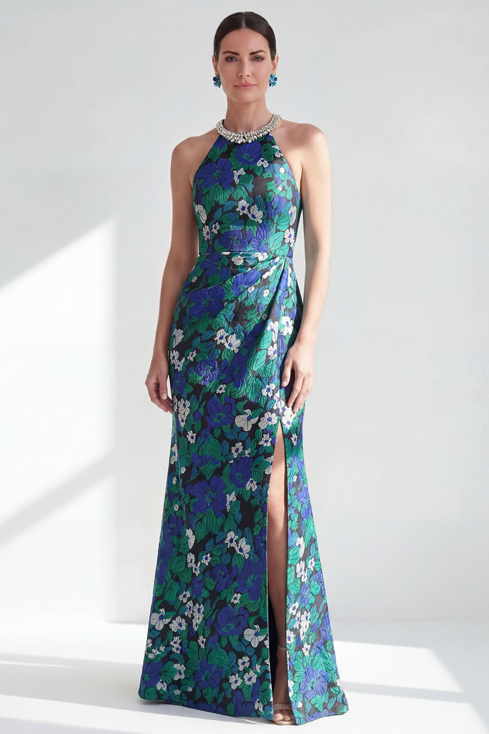 Zapakasa Women Green Mermaid Floral Long Mother of the Bride Dress Halter Ruched Beaded Mother of the Groom Dress with Slit