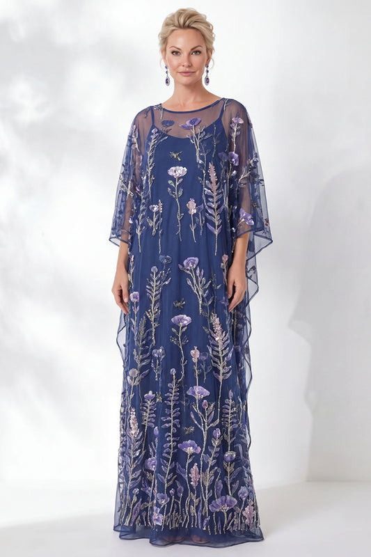 Floral Navy Sparkly Sheath Long Mother of the Bride Dress with Sleeves