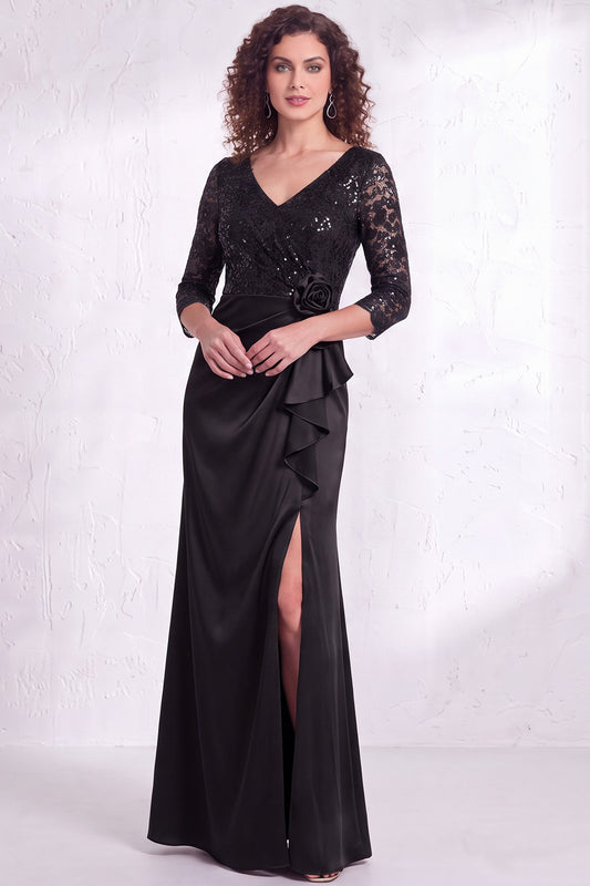 Black Floral Lace Sequin Mermaid Long Mother of the Bride Dress with Slit