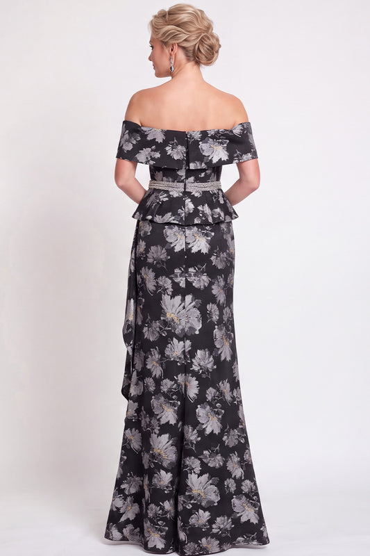 Black Floral Off the Shoulder Mermaid Long Mother of the Bride Dress with Slit