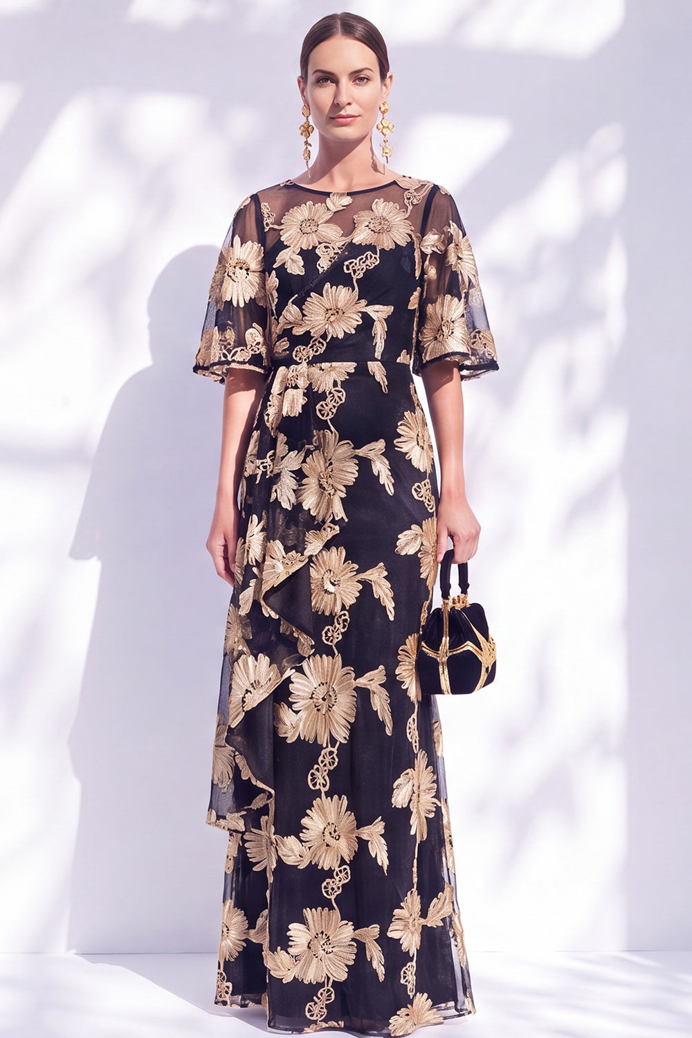 Black Champagne Floral Illusin Boat Neck Mermaid Long Mother of the Bride Dress