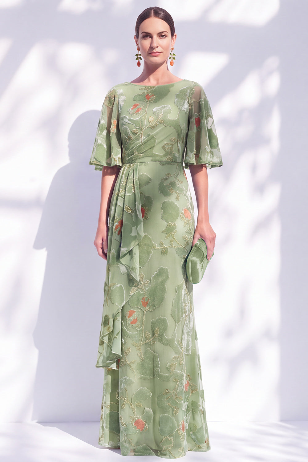 ZAPAKA Women Sage Green Mother of the Bride Dress with Sash Floral Mermaid Bateau Neck Ruched Long Wedding Guest Dress, Sage Green / US14