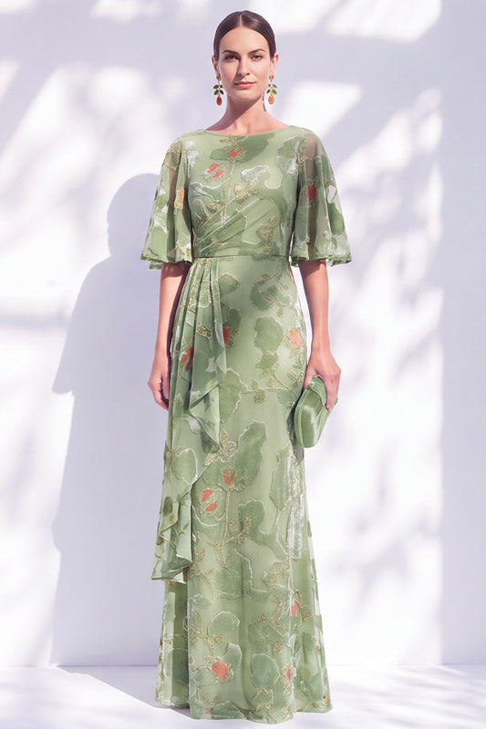 Sage Green Floral Mermaid Long Mother of the Bride Dress with Sleeves