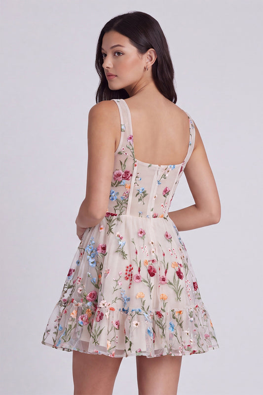 Ivory Floral Square Neck A Line Short Corset Homecoming Dress