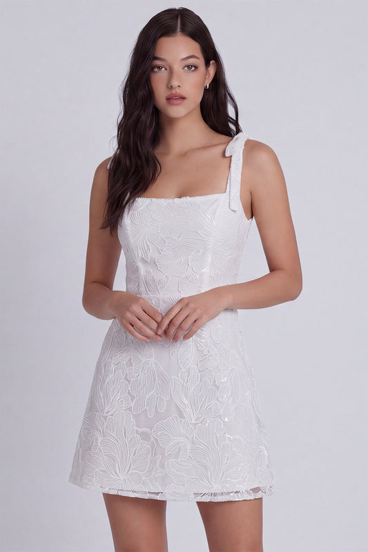 Ivory A-Line Square Neck Floral Short Graduation Dress with Bows