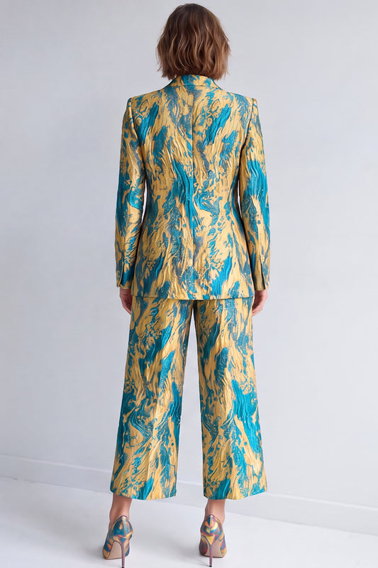Yellow and Blue Printed Peak Lapel 2 Piece Work Suits
