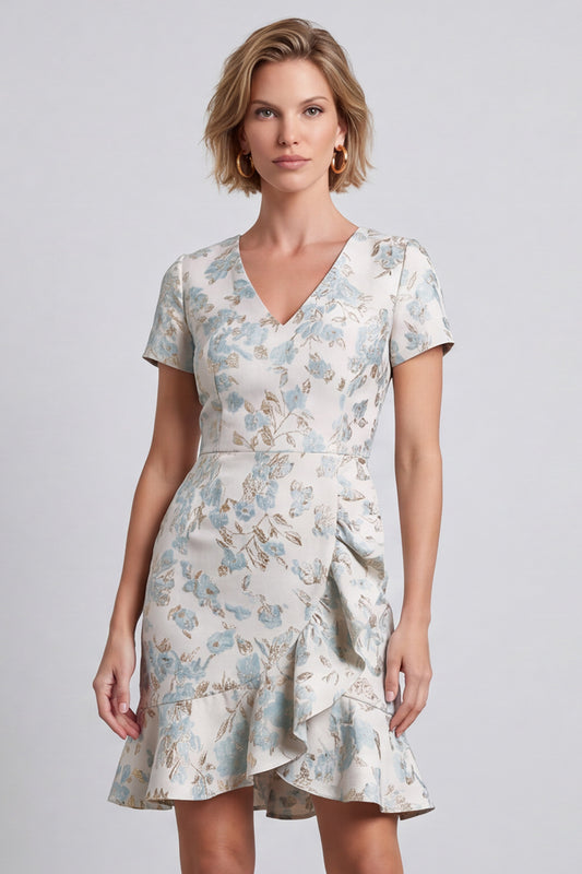 Light Blue Bodycon V-Neck Jacquard Short Work Dress with Ruffles