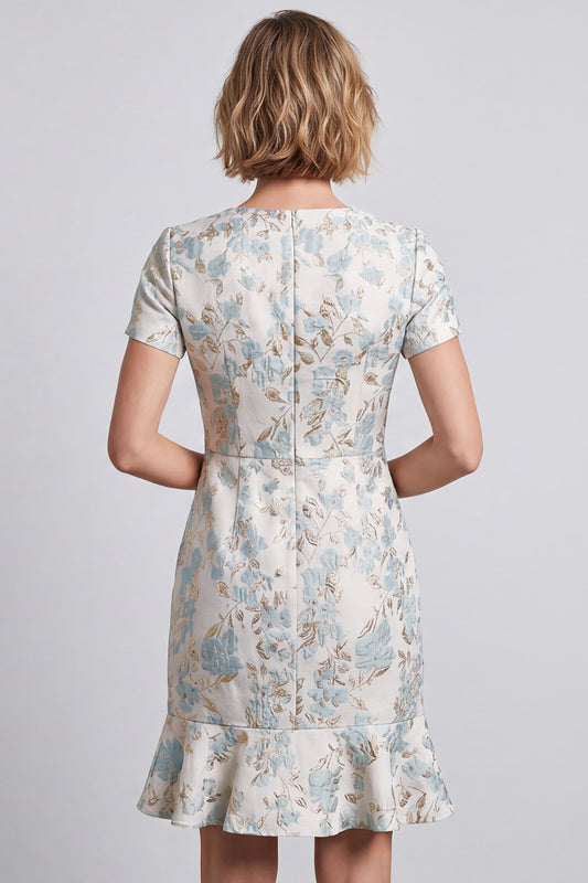 Light Blue Bodycon V-Neck Jacquard Short Work Dress with Ruffles