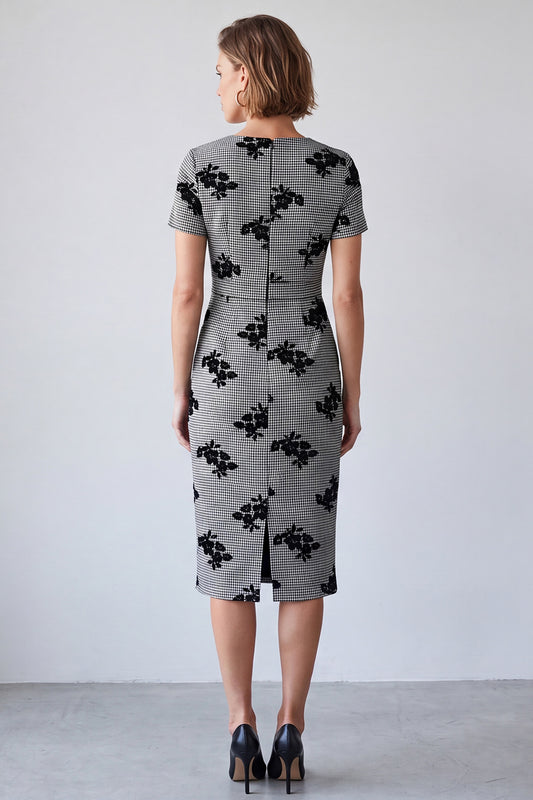 Black and White Plaid Pencil V-Neck Floral Midi Work Dress with Sleeves