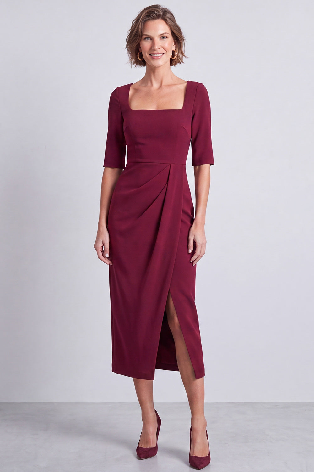Burgundy Pencil Half Sleeves Square Neck Ruched Midi Work Dress with Slit