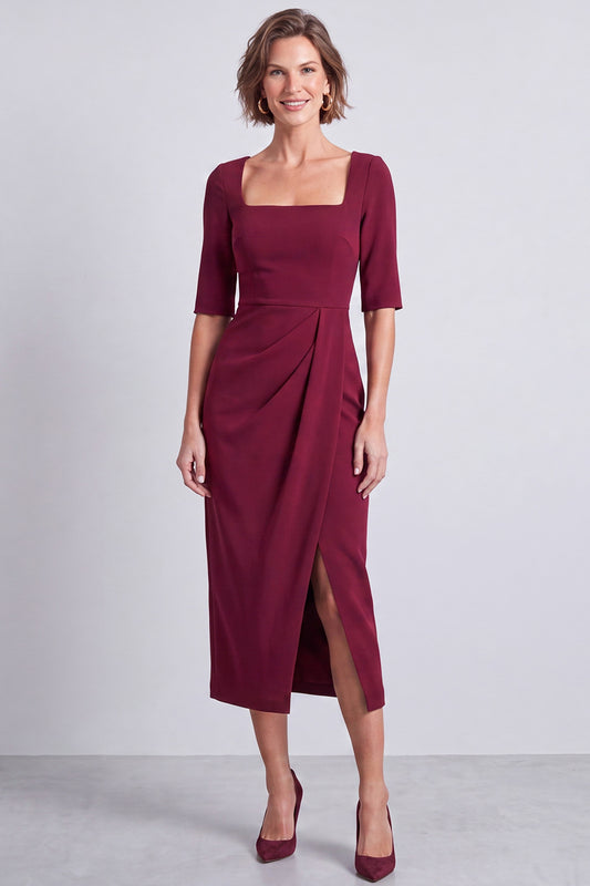 Burgundy Pencil Half Sleeves Square Neck Ruched Midi Work Dress with Slit