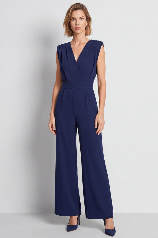 Navy V-Neck Ruched Long Work Jumpsuits