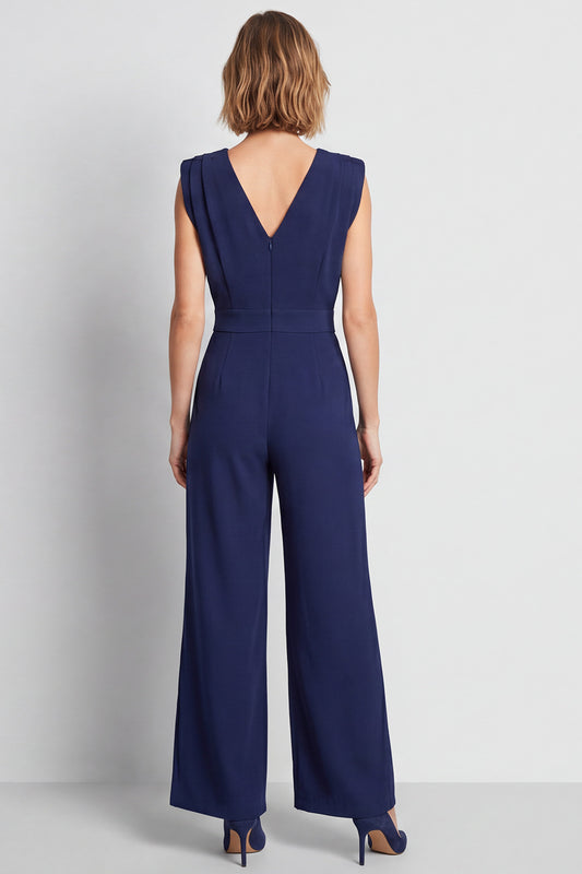 Navy V-Neck Ruched Long Work Jumpsuits