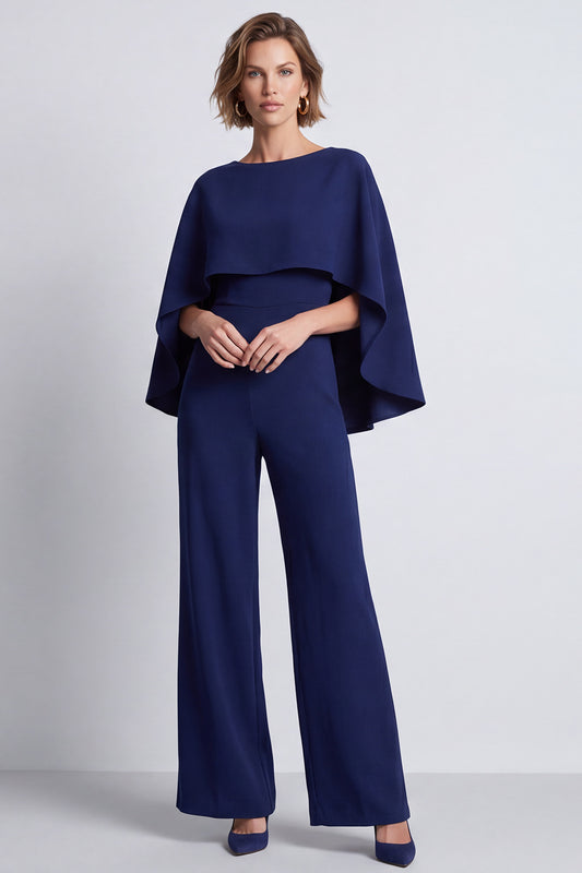 Navy Boat Neck Long Work Jumpsuits with Cape