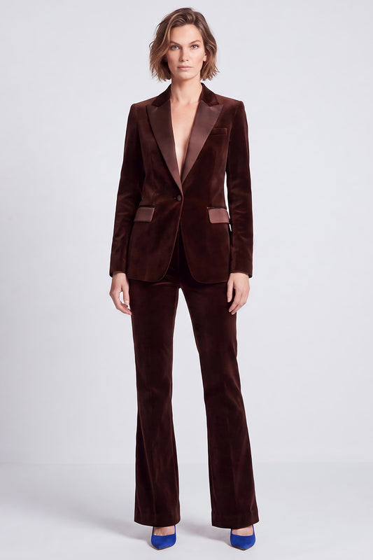Brown Velvet Fitted Peak Lapel Two Piece Work Suits