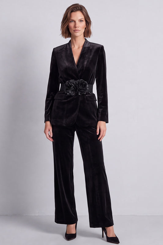 Black Velvet V-Neck Two Piece Work Suits with 3D Flowers