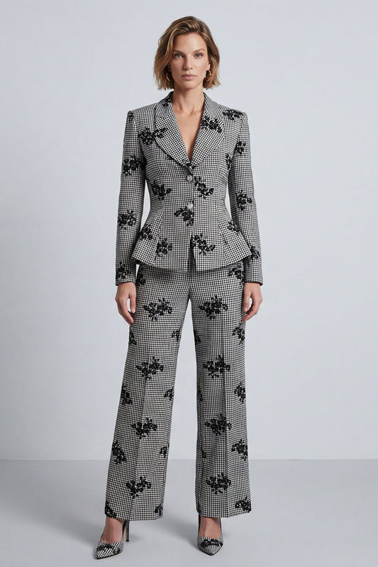 Black and White Plaid Floral 2-Piece Work Suits