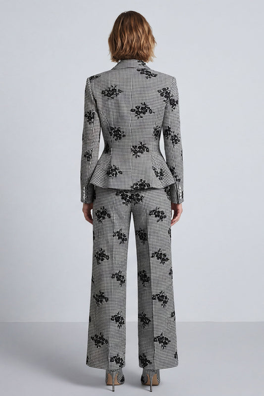 Black and White Plaid Floral 2-Piece Work Suits