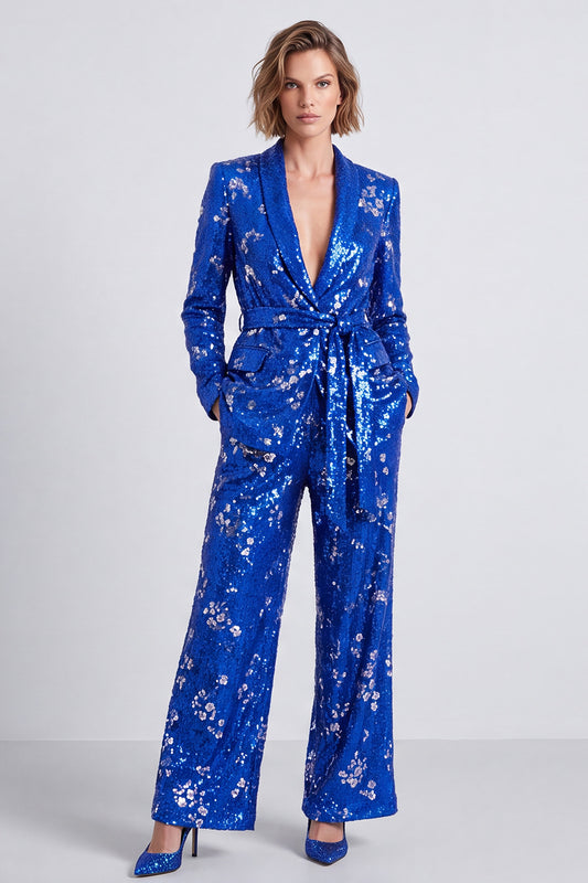 Sparkly Royal Blue Sequins Shawl Lapel 2 Piece Prom Suits with Sash