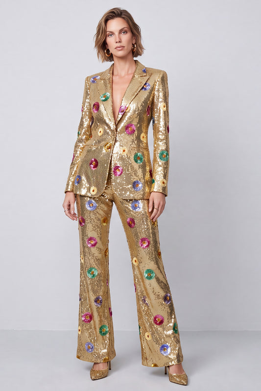 Sparkly Gold Sequins Peak Lapel 2 Piece Prom Suits