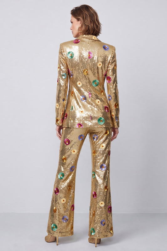 Sparkly Gold Sequins Peak Lapel 2 Piece Prom Suits