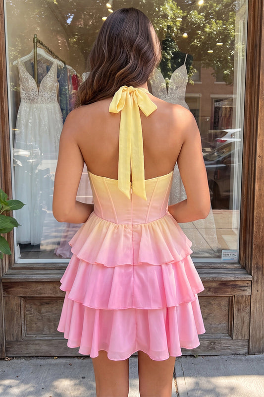 Yellow and Pink Corset Chiffon Ruffled Halter Neck Short Homecoming Dress