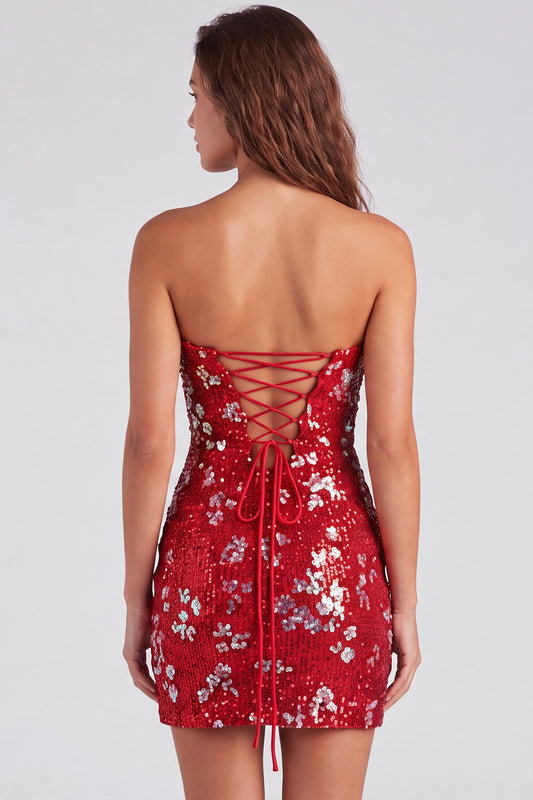 Red Tight Sequin Sparkly Strapless Short Homecoming Dress with Slit