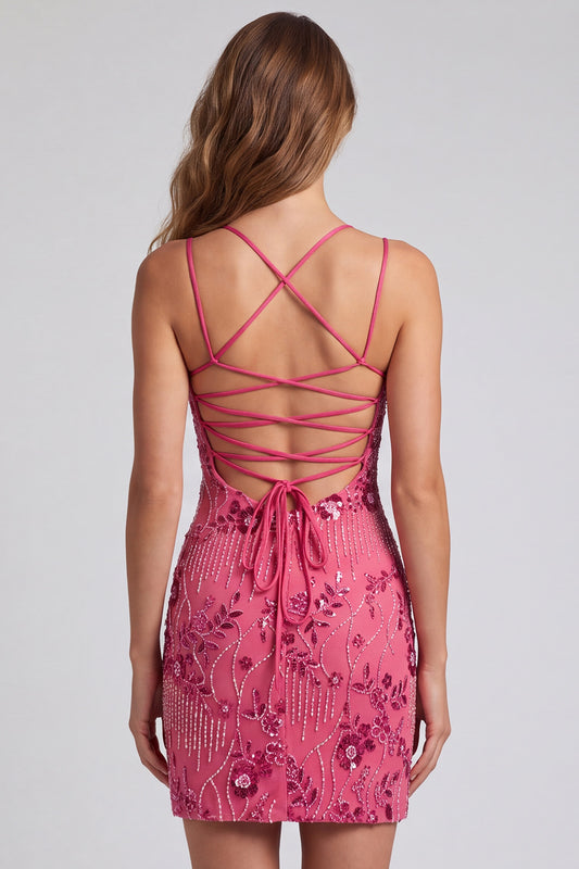 Fuchsia Floral Sequin Sparkly Spaghetti Straps Short Homecoming Dress