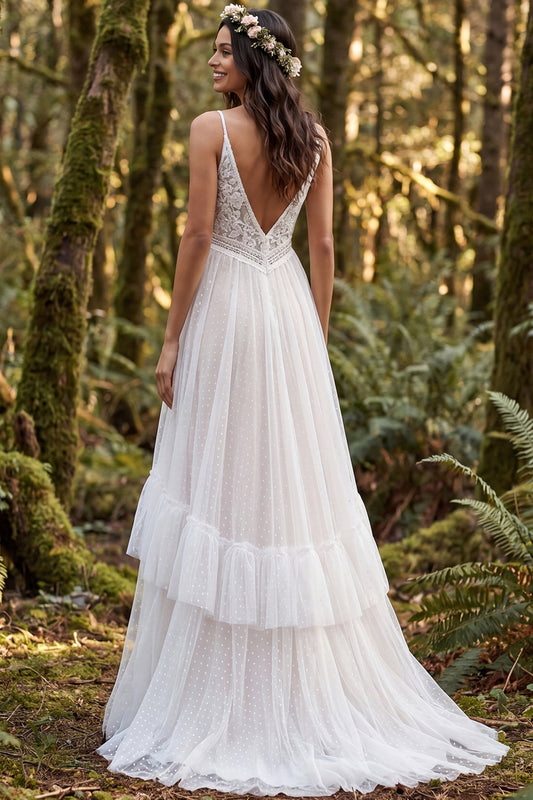 Ivory Polka Dots A-Line Ruffled Sweep Train Boho Wedding Dress