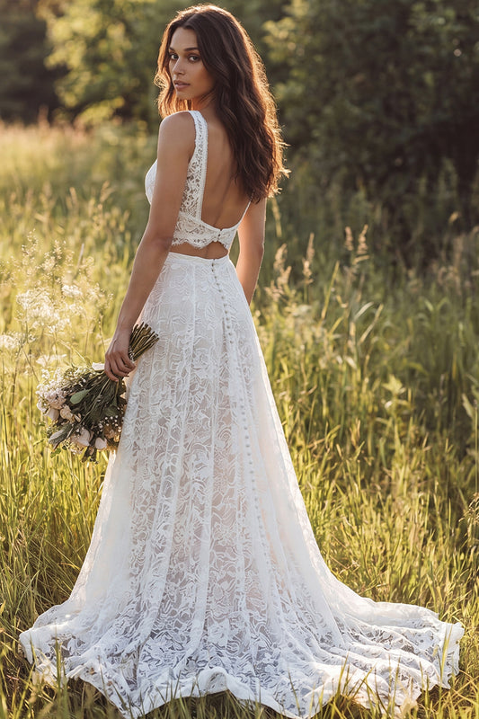 Ivory Lace 2-Piece A-Line Sweep Train Boho Wedding Dress with Slit