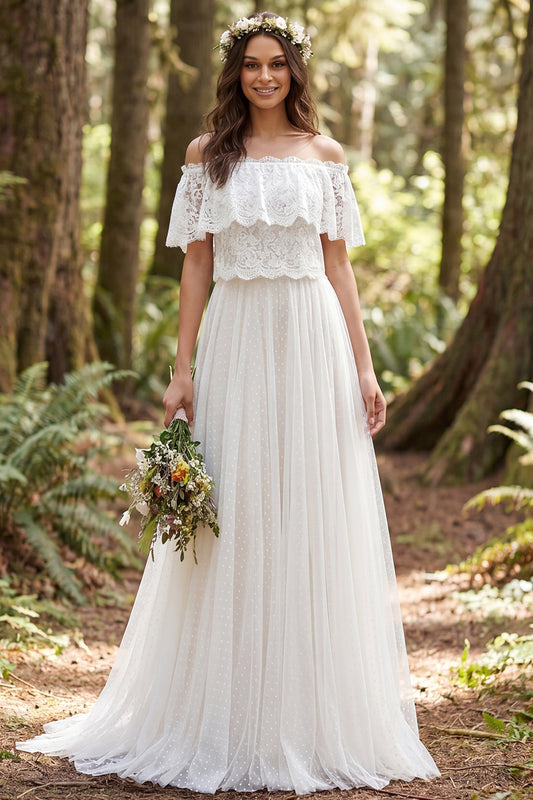 Ivory Off the Shoulder Lace Sweep Train Boho Wedding Dress