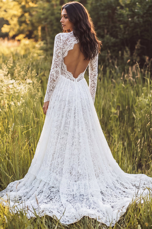 Ivory A-Line Lace Long Sleeves Ruffled Sweep Train Boho Wedding Dress