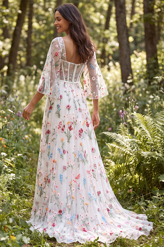 Ivory Corset A Line Floral Sweep Train Boho Wedding Dress with Slit